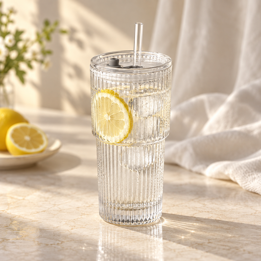 RippleSip | Ribbed Glass Cup with Lid & Straw